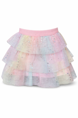 Girls sparkly pastel rainbow tulle tutu skirt with tiered ruffles and elastic waistband