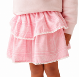 Sweet Wink Pink Bandana Western Skort for girls featuring a light pink bandana print, layered ruffle skirt with built-in shorts, smocked waistband, and delicate white lace trim.