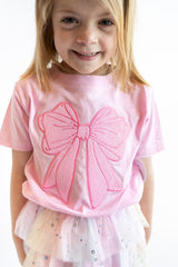 Toddler girls pink bow t-shirt with oversized bow graphic, cute girly short sleeve top for kids outfit and everyday wear
