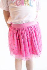 Toddler girls pink rhinestone tutu skirt with layered tulle and elastic waistband, sparkly party skirt for dress up and everyday outfits