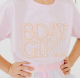 Toddler girl's ballet pink short sleeve t-shirt featuring a sparkling "BDAY GIRL" pearl patch with silver rhinestones and a pink outline, perfect for birthday celebrations and party outfits.