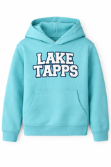 Youth teal hoodie with white chenille-style “Lake Tapps” lettering outlined in dark blue on a white background