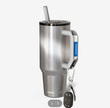 Thicc Frost Buddy 40oz tumbler in Moonstone color. With silver accents, handle holding keys and lip balm 