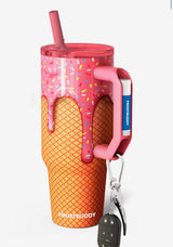 Pink ice cream cone-shaped tumbler with handle and straw on a white background with Frost Buddy logo