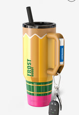 Pencil design Tumbler and travel mug with frost buddy branding, a chapstick holder and key ring attached on white background