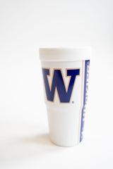 Tumbler with a large 'W' logo for Washington Huskies on a white background