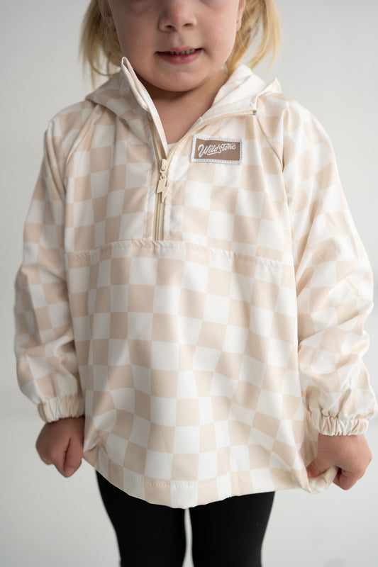 Tan and White Checkered Rain Jacket Pullover. Toddler Unisex