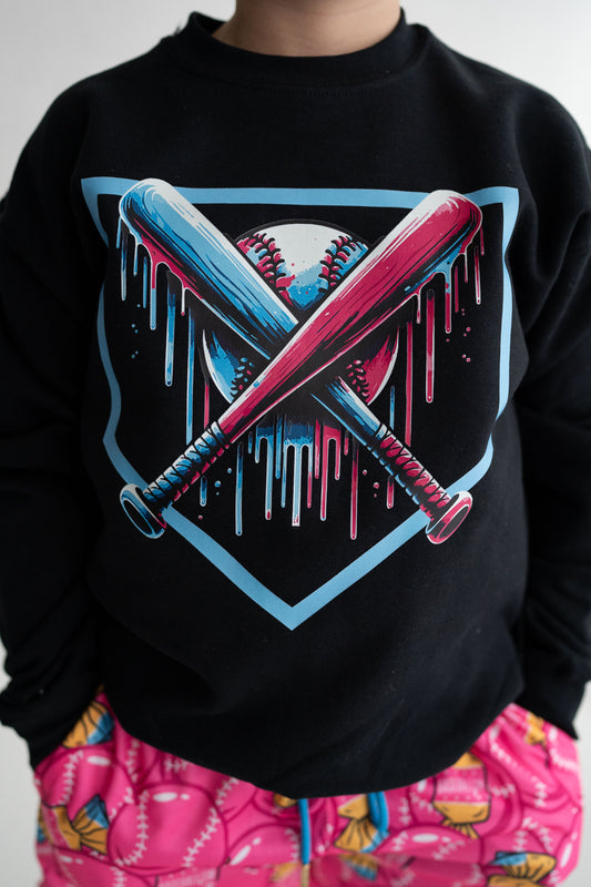 Youth and Toddler black crewneck with dripping baseball and home plate design