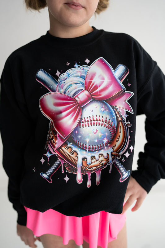 Youth and toddler crewneck sweatshirt with dazzling bow baseball design