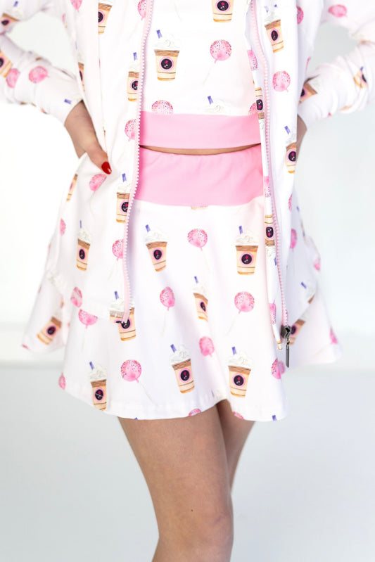 Toddler and youth white skort with adorable frappicinos and cake pop details. Thick pink waist band