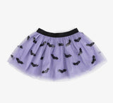 Lavender Halloween tutu with black sequin bat appliqués, silver glitter accents, a silver shimmer elastic waistband, and a soft layered tulle design on a white background.