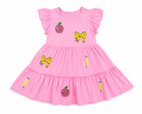 Toddler and youth pink flutter sleeve back-to-school dress with sequin apple, bow, and pencil appliqués, featuring a tiered twirl skirt, available in sizes 3T–7/8.