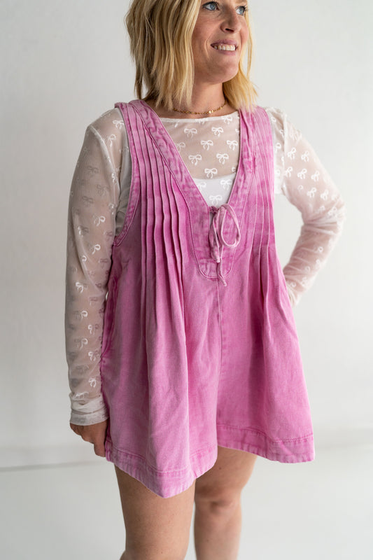 Pink Pleats Denim Romper, One Piece, tie in the front, lightweight, soft wash finish, can be casual or dressed up