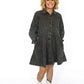 Black denim with all-over vertical rhinestone detailing

Button-down front for easy wear

Relaxed, slightly oversized fit for all-day comfort

Side pockets (because every great dress needs them!)

3/4 length sleeves with elastic cuffs

Available in sizes S–L