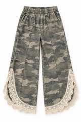 Women’s washed camo wide leg pants with a relaxed fit, elastic waistband, front pockets, and cream lace scalloped hem detailing.

