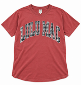 Lulu Mac adult crimson Comfort Colors tee featuring bold black-and-white houndstooth Lulu Mac lettering across the front.
