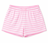 Lulu Mac Stripe Mono-Tag Shorts in light pink and white stripes with an elastic waistband, signature LULU MAC tag, side pockets, and relaxed fit.