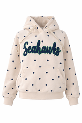 Cram  hoodie with navy polka dots and 'Seahawks' text on chenille patch on a white background