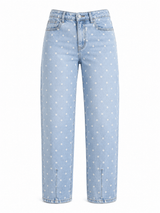 Light blue jeans with white polka dots on a white background