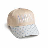 AMEN embroidered trucker hat for women with tan crown and blue floral brim boutique faith baseball cap