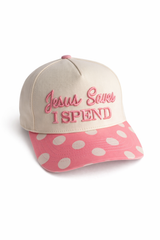 Jesus Saves I Spend embroidered women’s trucker hat with pink polka dot brim boutique baseball cap