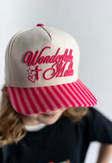 Wonderfully Made embroidered women’s trucker hat with pink striped brim Christian boutique hat