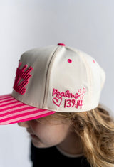 Wonderfully Made trucker hat side detail with Psalm 139:14 embroidery pink striped brim women’s hat

