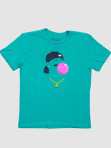Youth teal baseball graphic t shirt with bubble gum player design and gold 24 chain kids baseball tee