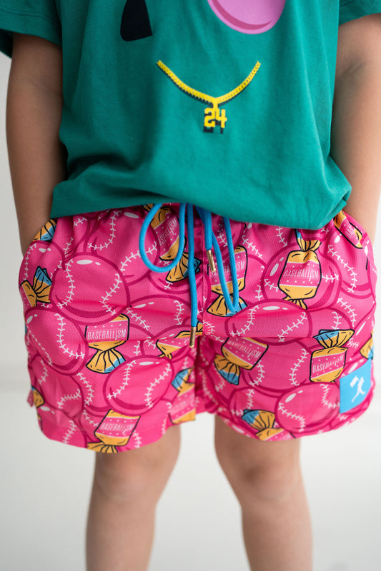 Pink Mesh Shorts with baseballs and bubblegum detail and blue drawstring