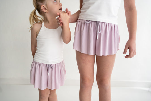 Soft, flowy, lavender butterfly shorts in youth sizes