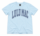 Lulu Mac Blue Stripe Chambray youth Comfort Colors T-shirt featuring a navy striped collegiate-style Lulu Mac graphic, displayed as a flat lay on a white background.