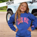 Youth royal blue crewneck sweatshirt featuring oversized pink puff "LULU MAC" lettering across the front and a relaxed fit.
