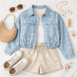 Faded Polka Dot Blue Denim Jacket | Women's - Teigan & Co