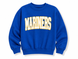 Blue youth sweatshirt with 'MARINERS' text patch on a white background