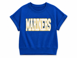 Blue sweatshirt with 'MARINERS' text patch on a white background