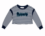 A cropped long-sleeve top for kids featuring navy blue and white horizontal stripes, with 'Mariners' written across the chest in a dark teal script.