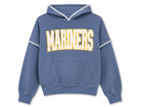Blue washed hoodie with 'MARINERS' text patch on a white background