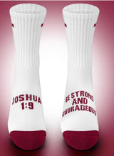 Pathos Socks: “Be Strong & Courageous Joshua 1:9 ” White and Maroon" - Teigan & Co