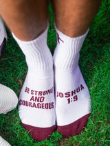 Pathos Socks: “Be Strong & Courageous Joshua 1:9 ” White and Maroon" - Teigan & Co