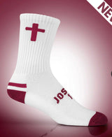 Pathos Socks: “Be Strong & Courageous Joshua 1:9 ” White and Maroon" - Teigan & Co