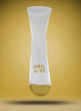 Pathos Socks: “Philippians 4:13 White and Gold - Teigan & Co