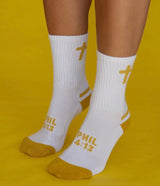 Pathos Socks: “Philippians 4:13 White and Gold - Teigan & Co