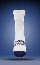 Pathos Socks: “ Powered by Faith” White and Navy Blue - Teigan & Co