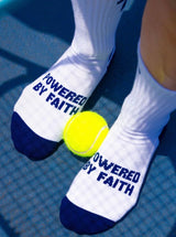 Pathos Socks: “ Powered by Faith” White and Navy Blue - Teigan & Co