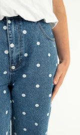 Peach Love California Polka Dot Twill Denim Barrel Pants | Women's - Teigan & Co
