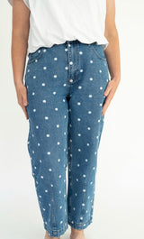 Peach Love California Polka Dot Twill Denim Barrel Pants | Women's - Teigan & Co