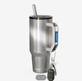 Stainless steel tumbler with handle and straw on a white background