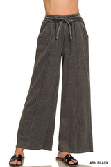 Zenana Acid Washed Fleece Pintuck Wide Leg Pants w/ Pockets-Black | Women's - Teigan & Co