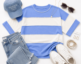 Zenana French Terry Striped Exposed Seam Top-Cornflower Blue | Women's - Teigan & Co