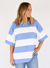 Zenana French Terry Striped Exposed Seam Top-Cornflower Blue | Women's - Teigan & Co